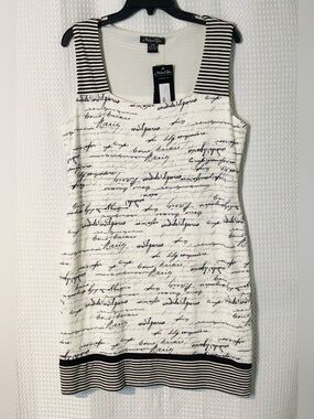 Michael Tyler Writing On The Wall Script Dress L Ivory Black Stretch Knit NWT